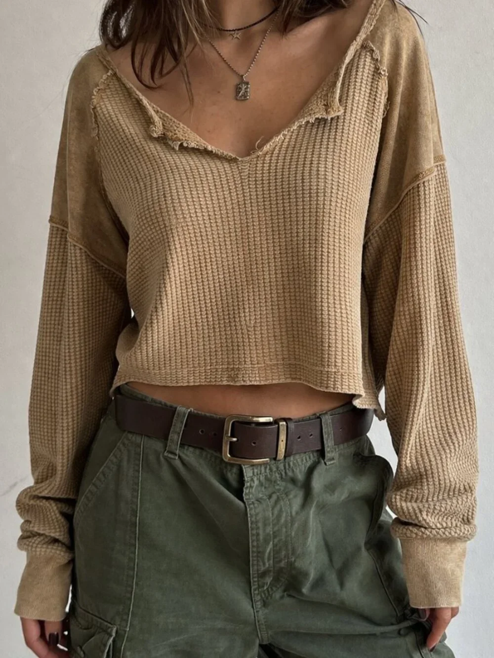 BDG Catskills Thermal Crop Top Y2K Grunge Distressed Raw Edge Waffle Tan L